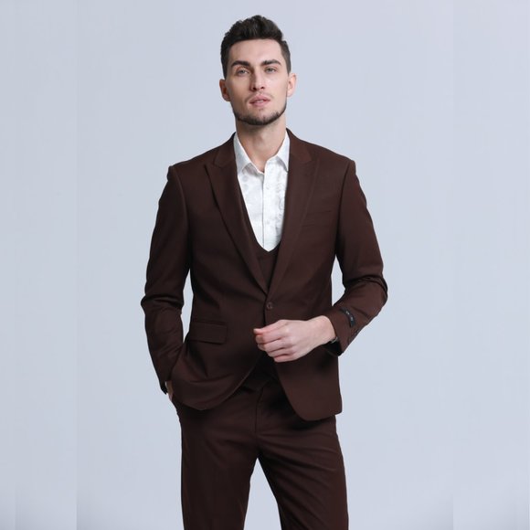 Men's Skinny-Fit 3-Piece Suit w/ Double-Breasted Vest, Dark Brown - Picture 5 of 7